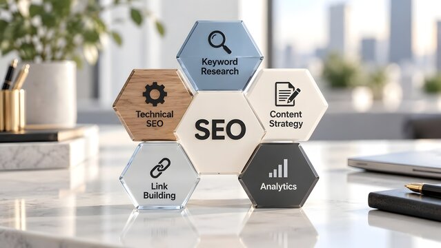 Search Engine Optimization SEO Concept with Hexagonal Blocks on a Modern Desk Representing Keyword Research Technical SEO Content Strategy Link Building and Analytics for Business Marketing Success