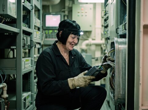 Control Panel Maintenance by Female Technician in Industrial Plant