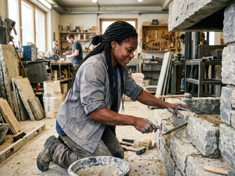 Stoneworker shaping blocks in a masonry workshop