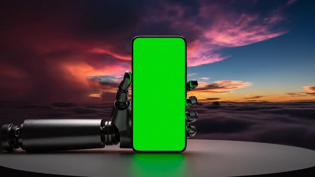 Futuristic robot hand holding a smartphone with a green screen interface for technology and innovation
