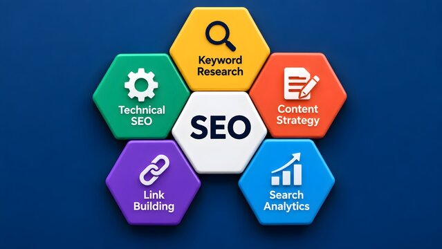 Search engine optimization SEO concept with colorful 3D hexagonal blocks showing keyword research, content strategy, link building, technical SEO, and search analytics on blue background