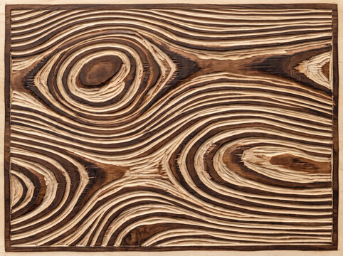 Detailed woodblock carving texture with natural dark brown grain patterns
