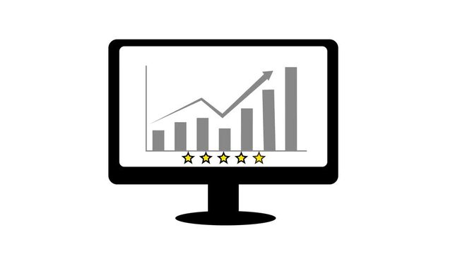 Monitor screen animation displays a bar graph with stars. Business performance tracks on the monitor screen animation. Corporate economic growth success drives this monitor screen animation.