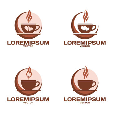 Vector set of modern brown logos and emblems. Cup of coffee or tea. Hearts, circle and stylized steam. Collection of corporate icons. Invigorating tasty drink. Sample of label. Isolated background