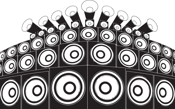 Towering stack of audio speakers a black and white vector illustration