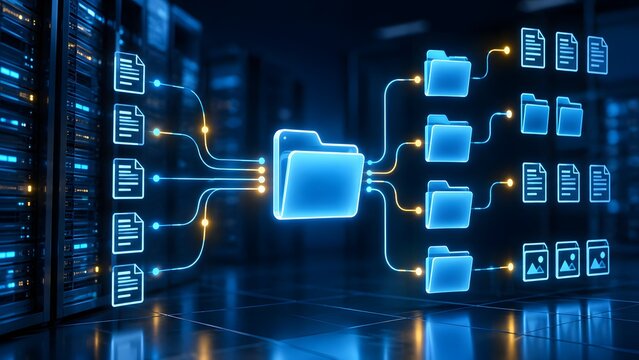 Digital data management system concept with glowing folder icons and network connection lines in a modern server room background representing cloud storage and big data organization technology