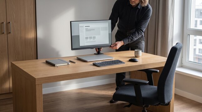 Professional Setting Up a Hybrid Work From Home Workstation