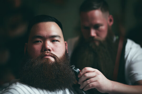 Bearded man receiving a professional beard trim with electric clippers from barber in dimly lit salon, close portrait of grooming session and facial hair styling