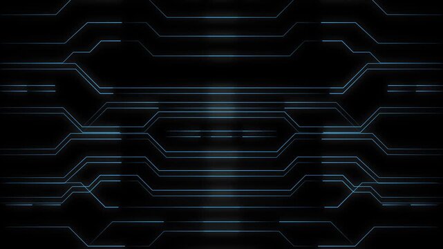 Circuit board lines animation pulses in blue motherboard paths. Computer processing powers the circuit board lines animation. Modern electronics hardware data routes across this lines animation.