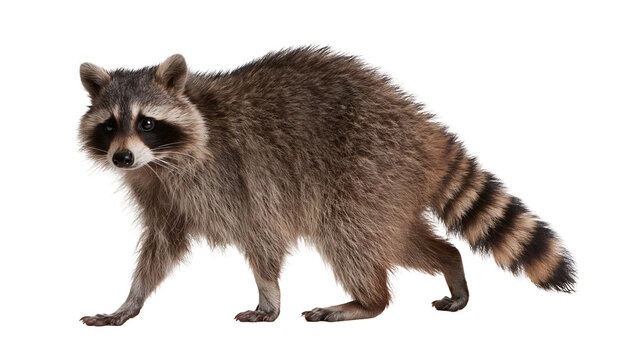 Full body side view of a fluffy North American raccoon with a striped tail