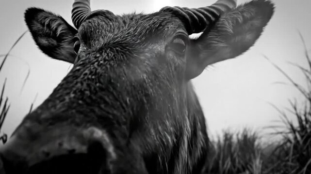 Low angle black and white shot of a waterbuck gazing directly into the camera in a marsh