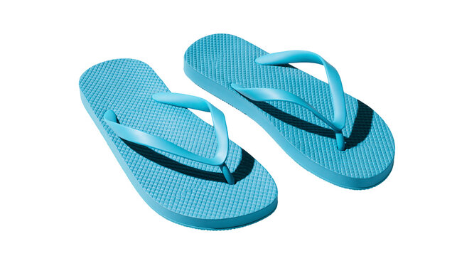 Pair of bright cyan blue rubber flip flops with textured diamond pattern surface