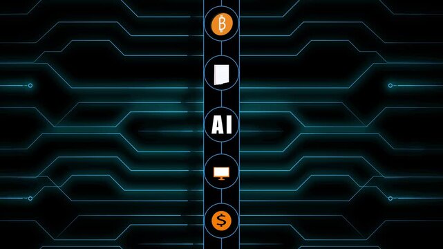 Circuit board animation connects Bitcoin and dollar signs. Cryptocurrency finance computing powers the circuit board animation. Economic hardware technology routes on this circuit board animation.