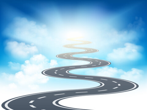 Winding road leads into the sky with the sun and clouds. Vector illustration.