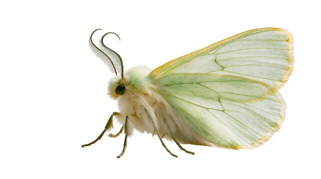 Pale green moth with feathery antennae and translucent wings