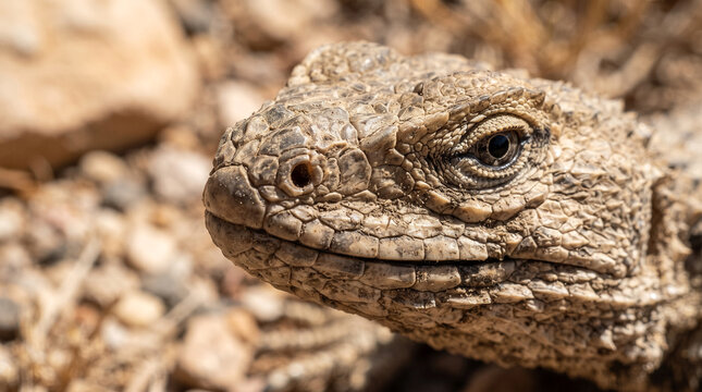 Close-up of scaly lizard head with textured skin and dark eye