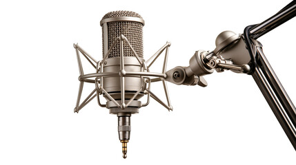 Silver condenser microphone with shock mount and adjustable boom arm stand © Andrei