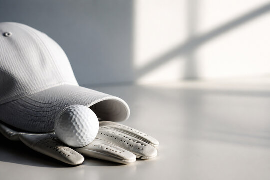 A white baseball cap and a golf glove with a golf ball resting on a light-colored surface near a bright window.