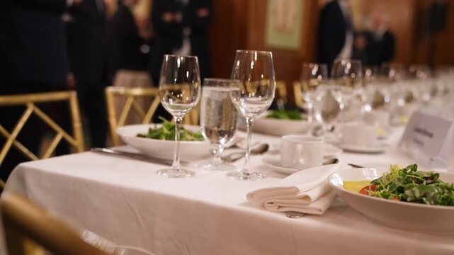Cinematic footage of an elegant banquet table setting with crystal glassware, silverware, and a microphone, perfect for formal events and weddings.
