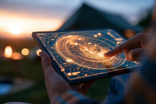 Close-up of a ground control tablet screen with an abstract glowing radar sweep and tracking markers, no readable characters, faceless operator's hand at the edge, blurred field te