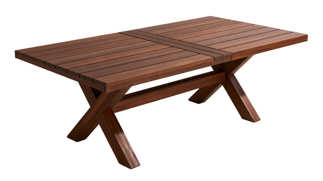 Rectangular dark brown wooden dining table with cross-legged trestle base
