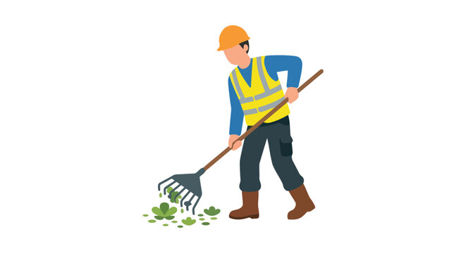 Construction worker raking leaves with a garden rake flat vector illustration