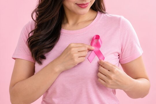 Woman with pink ribbon for Breast Cancer Awareness Month against soft pink backdrop symbolizing hope and support