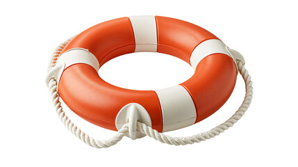 Orange and white circular lifebuoy with braided rope for water safety © Andrei