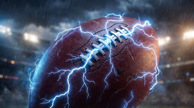American football ball with electric lightning bolts and rain in a stadium at night