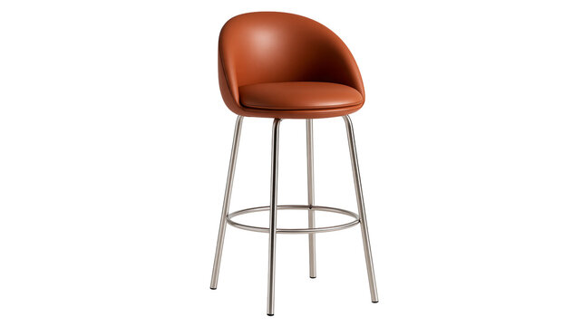 Modern brown leather bar stool with curved backrest and slim chrome metal legs
