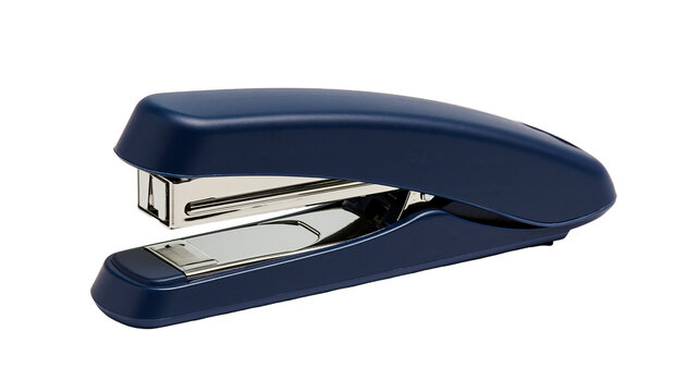 Dark blue plastic desktop stapler with metallic silver internal mechanism