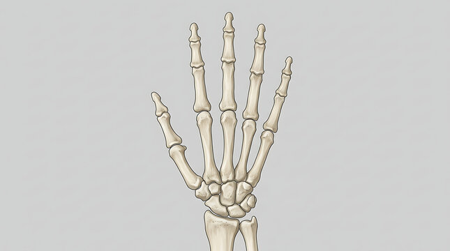 Detailed anatomical illustration of human hand bones, including carpals, metacarpals, and phalanges on a light background