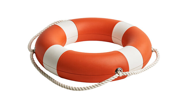Orange and white circular lifebuoy ring with braided rope
