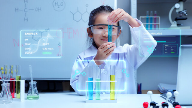 Young asian student scientist performing biotechnology experiment in modern laboratory with digital holographic data interface for scientific research and educational technology advancement