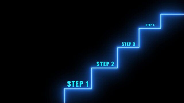 Neon staircase animation displays step one text ascending. Business progress milestones rise along the neon staircase animation. Career development steps guide this active neon staircase animation.