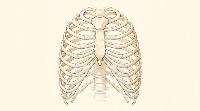 Detailed medical illustration of the human rib cage and sternum showing skeletal structure in a vintage style
