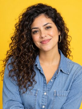 Portrait of woman with curly hair on yellow background