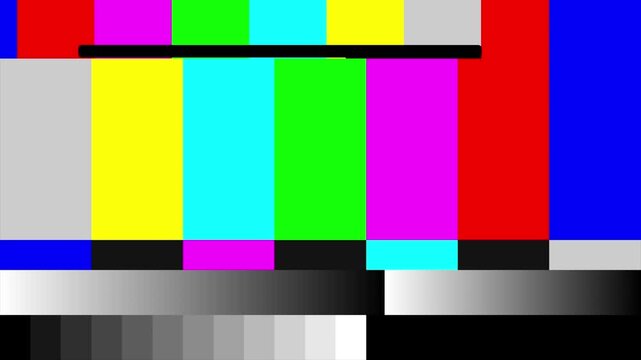 Color bars test pattern animation displays studio bars. Video calibration telemetry guides the color bars test pattern animation. Technical transmission diagnostics use this test pattern animation.