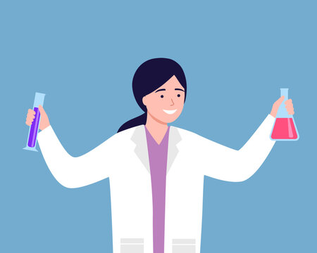 Girl chemist character, female scientist in white coat holding lab glassware vector Illustration