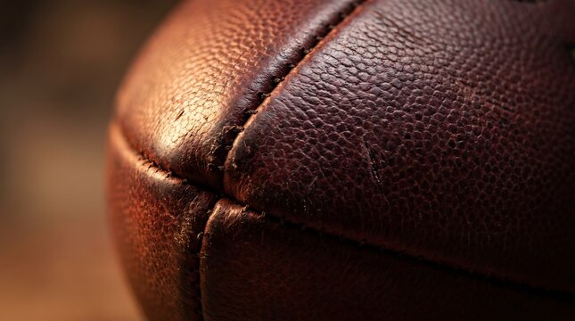 Closeup macro shot of a textured brown leather american football surface with visible stitching and worn grain, NFL, Super Bowl, NFL 2027, Super Bowl 2027, NFL Football, NFL Playoffs.