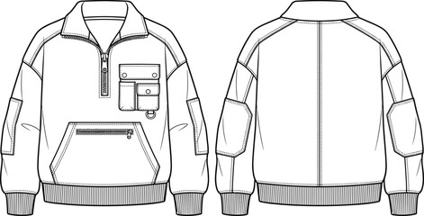 Utility half zip pullover jacket fashion flat sketch template front and back view vector illustration © Khademul