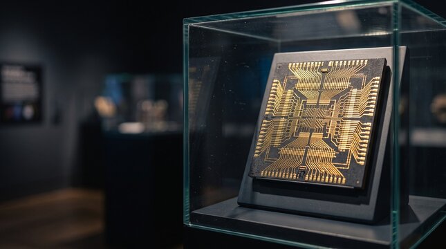 Computer microchip inside a glass showcase displays advanced technology at a museum exhibition.