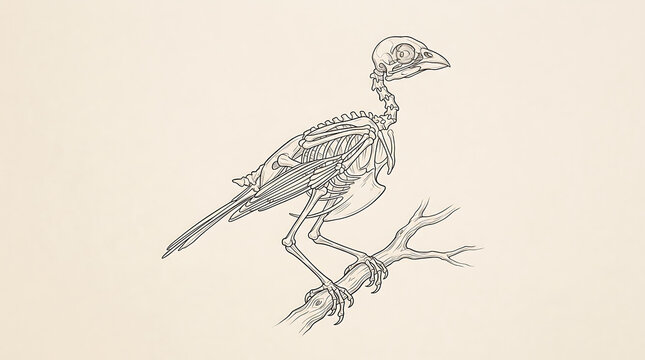 Anatomical study illustration featuring the detailed skeletal structure of a small avian bird perched on a wooden branch