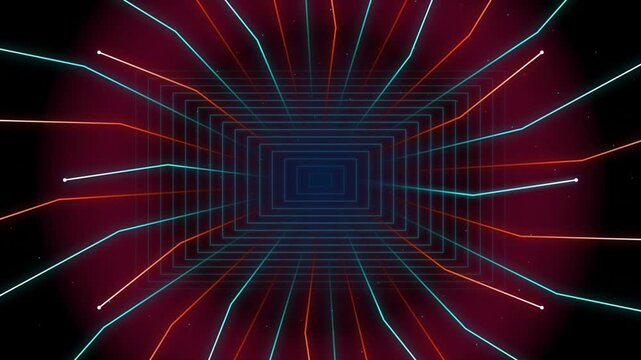 An abstract technological motion graphic showing glowing cyan and red circuit lines pulsing from a central grid tunnel structure against a dark red background creating a powerful high-tech aesthetic f