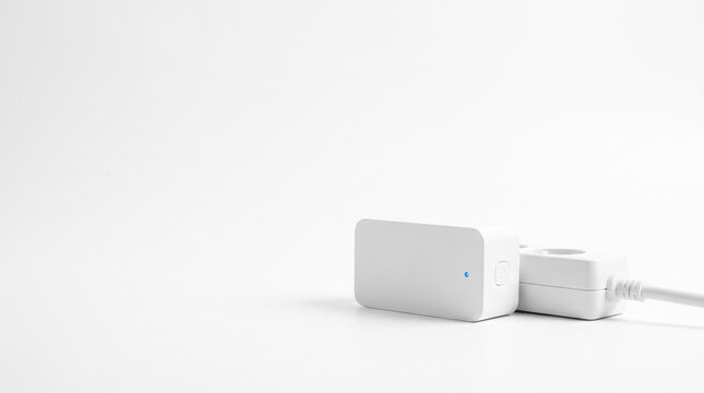 Smart plug adapter is plugged into a white extension socket strip against a bright white background.