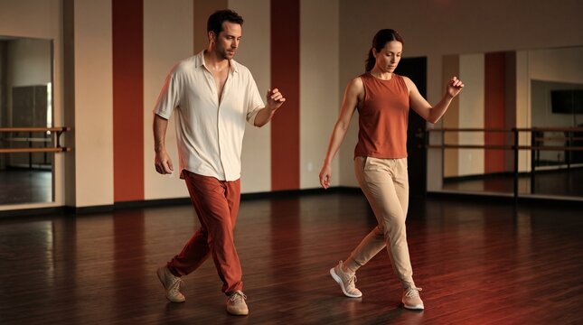 Two adult Merengue dancers in synchronized side-by-side lateral footwork with alternating arm rhythm, brick-red and sand athletic wear vertical strip studio amber lighting