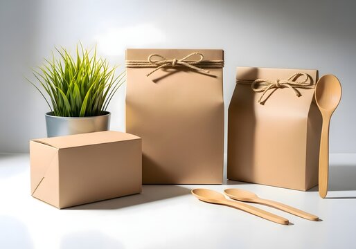 Eco-friendly Kraft Paper Packaging Assortment with Wooden Utensils and Plant.