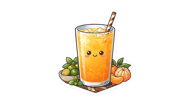 Cute Indonesian Es Jeruk (Iced Orange Juice) Drink Sticker with Kawaii Face, Calamansi, and Mandarins on Transparent Background