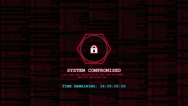 System Compromised Ransomware Lockout Screen for Cyber Attack News and IT Training ,Ideal b-roll for cybersecurity documentaries, corporate IT compliance training, and tech news reports. 