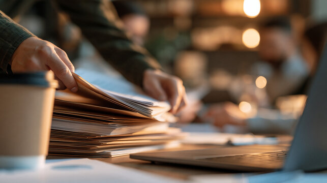 Compliance officer hands organizing a stack of audit folders on a desk, coffee cup and laptop in frame